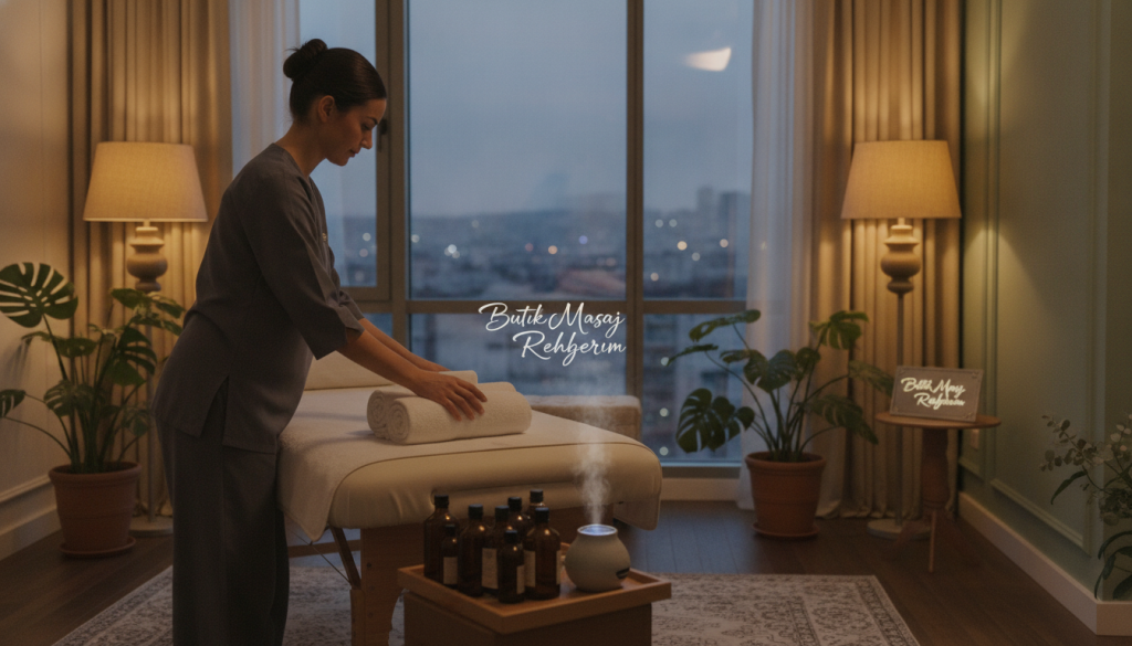 A cozy and elegant hotel room in Şişli, featuring a professional massage setup. In the foreground, a massage therapist wearing modest, professional attire prepares a massage table with soft towels and aromatic oils. The middle layer displays calming decor, including soft lighting from stylish lamps and a relaxing ambiance created by subtle greenery and soft colors. In the background, large windows offer a glimpse of the cityscape, enhancing the serene atmosphere. The overall mood is tranquil and inviting, perfect for relaxation. This image is branded with "Butik Masaj Rehberim" subtly integrated into the environment. Lighting is warm and soft, captured from a slightly elevated angle to emphasize the peaceful setting.