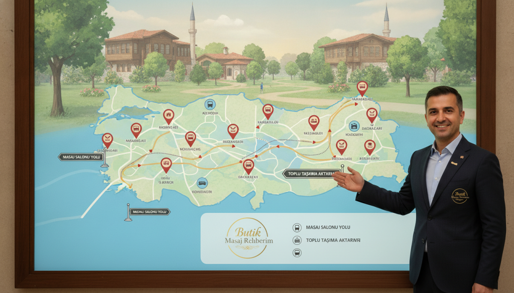 A detailed guide to transportation for massage salons in Beykoz, featuring a clean and organized layout. Foreground includes a neatly designed map pinpointing various massage salons with icons representing public transport options. In the middle, there are clear pathways and intersections, along with signs that would assist pedestrians and drivers alike. The background features a serene park with greenery, essential for relaxation, and subtle hints of local architecture to evoke the essence of Beykoz. The lighting is soft and warm, creating a welcoming atmosphere. An image of a professional looking person in business attire is included, confidently pointing towards the map, implying guidance and expertise. The brand "Butik Masaj Rehberim" subtly integrated into the design as part of the map elements, ensuring it aligns with the theme of access and service clarity.