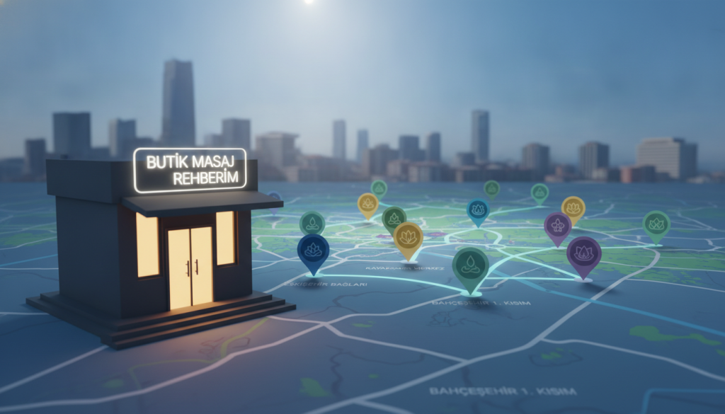 A detailed map of Başakşehir showcasing various massage salon locations, with vibrant icons marking each salon. In the foreground, a sleek, modern massage salon silhouette with a welcoming entrance and a lit sign that reads "Butik Masaj Rehberim". In the middle ground, several strategically placed massage markers connected by gentle pathways, indicating service areas. The background features a softly blurred skyline of Başakşehir, under a bright blue sky. Warm, inviting lighting casts a welcoming glow over the scene, enhancing a calming atmosphere. The composition aims to communicate professionalism and the diverse choices available for massage services in Başakşehir, focusing on the importance of service areas for customers.