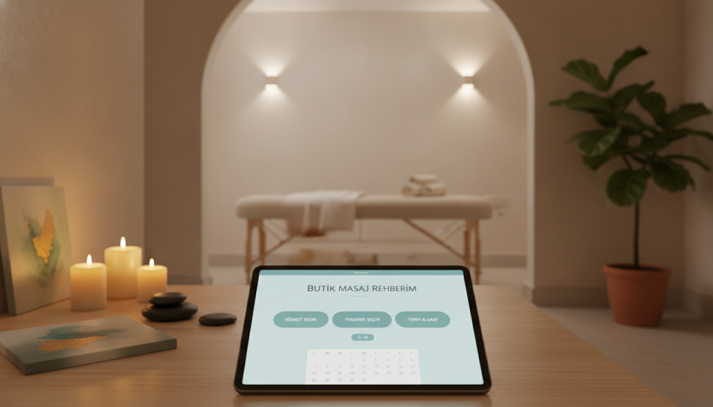A modern and inviting image of a massage appointment booking system titled "Butik Masaj Rehberim." In the foreground, a sleek tablet displaying a digital booking interface for massage services, with an elegant design featuring buttons for selecting services and times. In the middle ground, a serene setting with soft, ambient lighting casting a warm glow, complemented by a massage therapy-themed decor like soothing colors, candles, and calming artwork. The background shows a cozy massage room with a professional massage table, neatly arranged towels, and a plant for a touch of nature. The overall atmosphere conveys relaxation and professionalism, suitable for a massage therapy guide, emphasizing clarity and accessibility in booking appointments.