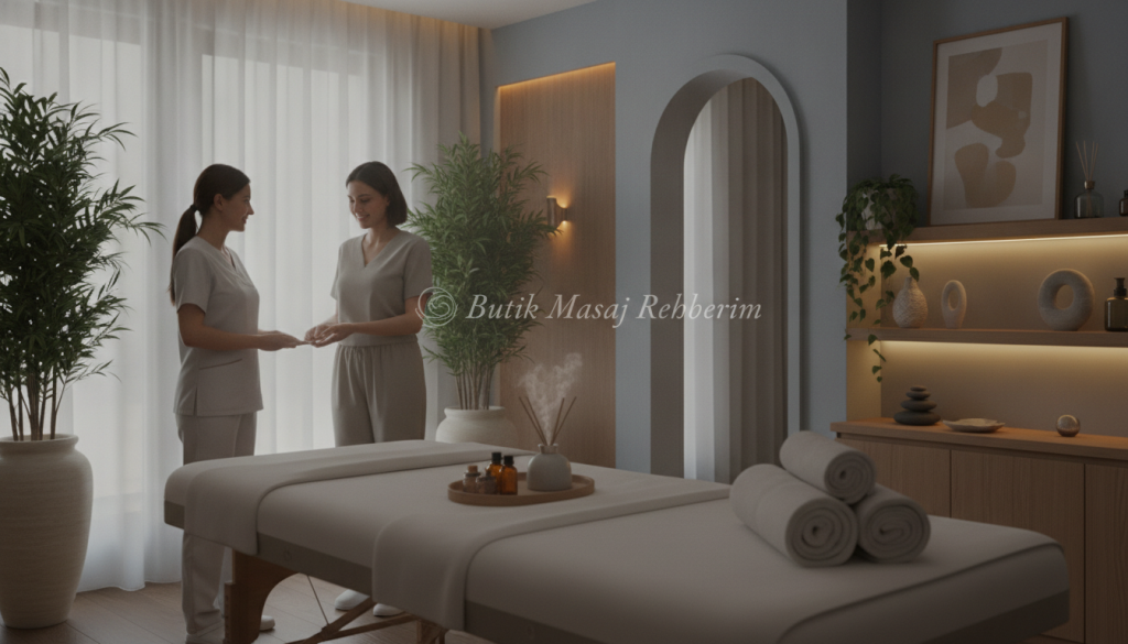A peaceful, elegant interior of a popular massage salon in Ataşehir, featuring a soothing ambiance with soft lighting and calming colors. In the foreground, a serene massage table adorned with fresh towels and aromatherapy oils. In the middle, a friendly female massage therapist dressed in professional attire welcoming a client, demonstrating a friendly, inviting atmosphere. In the background, tasteful decor with plants, soft curtains, and ambient lighting creating a tranquil environment. The setting should evoke relaxation and professionalism, highlighting the soothing experience of a massage. Capture a warm, inviting mood that emphasizes customer satisfaction and serenity. Include the brand name "Butik Masaj Rehberim" subtly in the salon's decor.