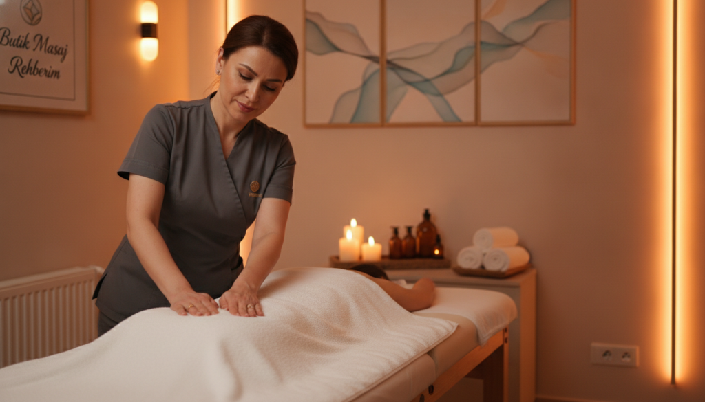 A professional and experienced masseuse in a stylish, cozy massage studio that reflects a welcoming atmosphere in Beşiktaş. The foreground features the masseuse, dressed in a smart, modest outfit, demonstrating various massage techniques on a client lying on a massage table. In the middle, there are aromatic oils, calming candles, and soft towels neatly arranged, enhancing the serene setting. The background showcases soft lighting with warm tones, tasteful decor including wall art that emphasizes relaxation and wellness. The scene conveys a tranquil and professional environment, aligned with the essence of "Butik Masaj Rehberim". The mood is peaceful, inviting, and focused on self-care, captured from a slightly angled perspective to evoke depth and intimacy.