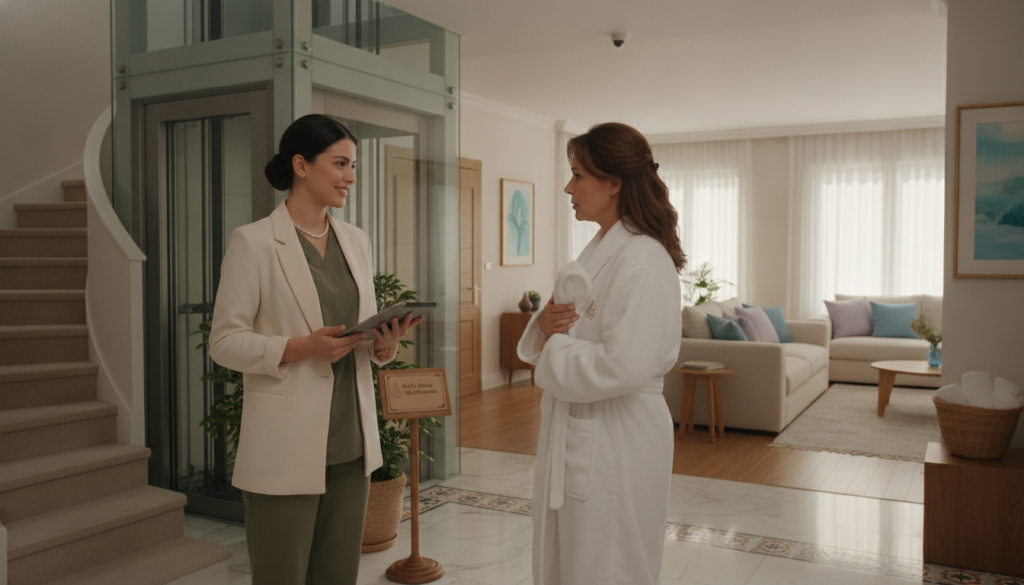 A professional and secure setting depicting an Istanbul home entrance, featuring a well-dressed female massage therapist, embodying professionalism and trust. In the foreground, the therapist is engaging in a conversation with a concerned homeowner, highlighting their professionalism and security measures in a warm, inviting atmosphere. The middle section showcases a stylish elevator or stairwell leading into a cozy, well-lit living room adorned with calming colors and decor. The background reveals subtle elements representing privacy, such as curtains and a discreet security camera. The lighting is soft and natural, casting gentle shadows, creating a serene mood. The brand name "Butik Masaj Rehberim" is subtly incorporated into the scene through tasteful branding on an item in the room, enhancing the ambiance without overwhelming the composition.