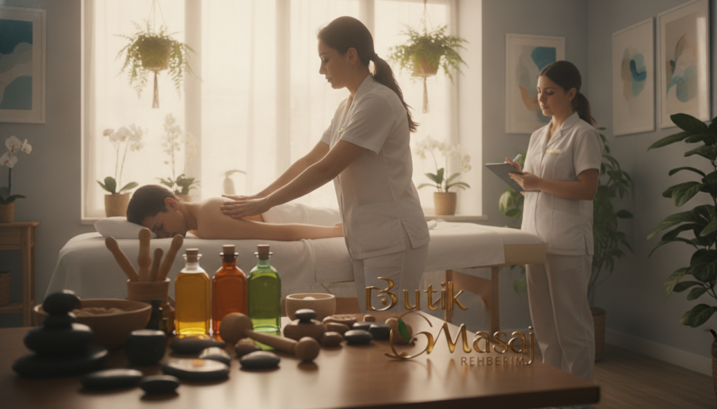 A professional and serene spa setting showcasing a comparison of massage therapists' experience levels in Şişli. In the foreground, a neatly arranged display of massage tools and oils on a wooden table, symbolizing professionalism. The middle ground features two massage therapists in professional attire, one demonstrating a technique on a massage table while the other takes notes. In the background, a soft, ambient light creates a calming atmosphere, with plants and soothing artwork on the walls. The overall mood is one of tranquility and expertise, highlighting the fundamental aspects of experience and specialization in the massage industry. Incorporate the brand name "Butik Masaj Rehberim" subtly into the scene without text or logos.