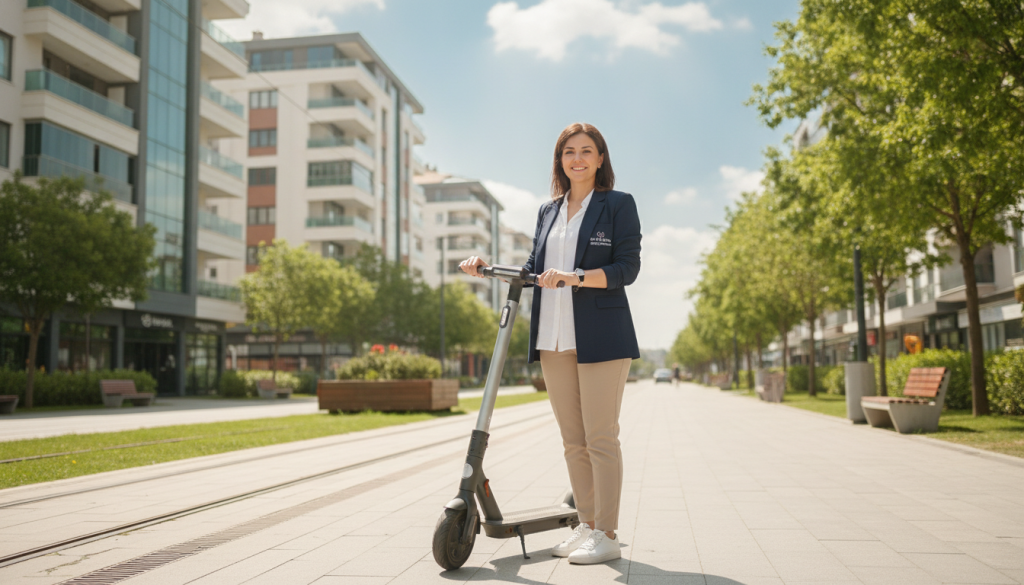A professional female massage therapist from "Butik Masaj Rehberim" is depicted standing beside a modern transportation option in Beylikdüzü, such as a sleek electric scooter or bicycle, exemplifying convenient mobility for clients. In the foreground, the therapist is dressed in smart, casual attire, conveying professionalism. The middle ground features a vibrant urban setting with greenery and contemporary buildings, emphasizing a welcoming environment for clients. In the background, a clear blue sky and pleasant weather create an inviting atmosphere. The lighting is bright and cheerful, with a soft focus that adds to the sense of tranquility. This image captures the essence of transportation options for a massage therapy service in Beylikdüzü, highlighting accessibility and comfort.