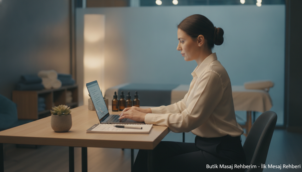 A professional female massage therapist from Sancaktepe is sitting at a modern, minimalist desk, preparing to send a first message to a potential client. The foreground features her focused expression as she types on a sleek laptop, dressed in a smart business outfit. The middle showcases an organized workspace with a small plant, essential oils, and a notepad with a few handwritten notes about professional communication tips. In the background, soft, ambient lighting creates a calm atmosphere, hinting at a tranquil massage therapy studio. The overall mood is inviting and professional, emphasizing the importance of effective communication in establishing trust. This image reflects the essence of "Butik Masaj Rehberim" in guiding first message etiquette.