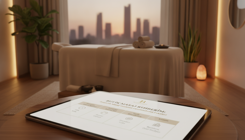 A professional image illustrating the concept of "Factors Affecting Prices of Massage Services in Ataşehir." In the foreground, a detailed comparison chart displaying various factors such as service duration, therapist experience, facility amenities, and location. The middle ground features a serene massage therapy room with calming, warm lighting, a massage table, and decorative plants to create a relaxing atmosphere. In the background, a subtle silhouette of the Ataşehir skyline can be seen, symbolizing the location. The color palette should include soft earth tones to evoke calmness. The mood is informative yet tranquil, perfect for a professional setting. Incorporate elements that reflect the brand "Butik Masaj Rehberim" in an elegant and understated manner.