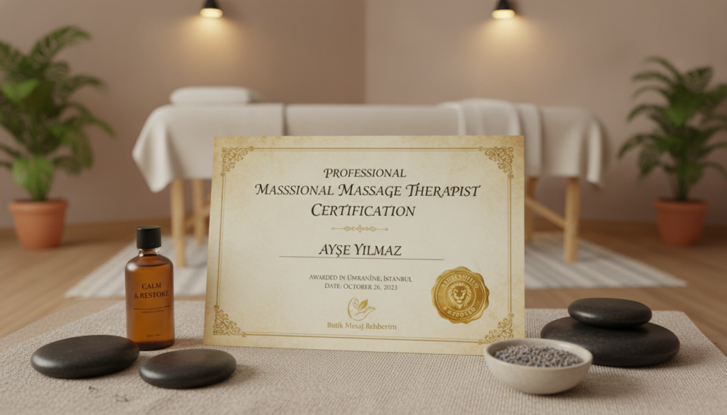 A professional massage certification from Ümraniye, displayed prominently in the foreground. The certificate features elegant calligraphy and a gold seal, emphasizing its authenticity. Surrounding the certificate, include tools of the trade, such as massage oils and stones, neatly arranged on a soft, textured fabric. In the background, a serene and calming massage room environment with soft lighting, neutral color palette, and gentle plants. The atmosphere is tranquil and inviting, encapsulating professionalism and care. A subtle brand logo of "Butik Masaj Rehberim" can be incorporated into the corner of the certificate design, ensuring a polished, cohesive look. The overall image should convey trust and excellence in massage therapy, suitable for a professional guide.
