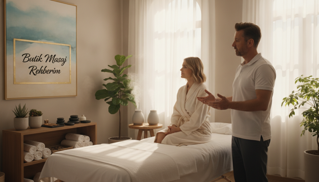 A professional massage therapist in a bright, calming therapy room, showcasing a serene atmosphere. In the foreground, a middle-aged male therapist, dressed in a clean white polo shirt and dark trousers, is discussing treatment options with a client, who is attentively listening while seated on a massage table. In the middle ground, soft natural light streams through large windows adorned with sheer curtains, illuminating soothing plants and essential oil diffusers. The background features calming art on the walls and a neatly organized shelf with towels and massage tools. The mood is warm and inviting, emphasizing open communication and trust. The branding "Butik Masaj Rehberim" is subtly represented in a framed artwork on the wall, enhancing the professionalism of the setting.