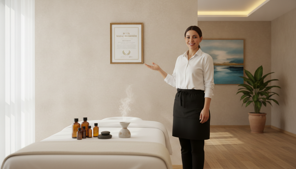 A professional massage therapist in a serene and well-lit massage room, showcasing a certificate of completion from "Butik Masaj Rehberim" displayed prominently on the wall. The foreground features a neatly arranged massage table with soft linens and aromatherapy oils, exuding an inviting ambiance. The middle ground includes the therapist, a woman in professional business attire, confidently standing next to the certificate. Her expression is warm and welcoming, suggesting skill and professionalism. In the background, subtle elements like calming artwork, potted plants, and soft lighting create a tranquil atmosphere. The composition is harmonious, with a soft focus effect that enhances the overall mood, inviting viewers to feel the essence of professional massage therapy.