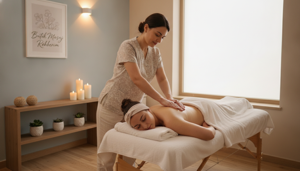 A professional massage therapist in a serene treatment room in Şişli, demonstrating a massage technique on a relaxed client. The therapist, dressed in smart casual attire, uses proper professional techniques, showcasing a nurturing environment with soft, warm lighting that fills the space. A cozy massage table is set up in the foreground, surrounded by calming elements such as candles and soothing plants. The background features soft, tranquil colors on the walls, enhancing the peaceful atmosphere. The angle captures both the therapist's focus and the client's comfort, conveying a sense of relaxation and professionalism. Include the brand name "Butik Masaj Rehberim" subtly in the room decor. The mood is calm and healing, ideal for illustrating the types and benefits of massage therapy.
