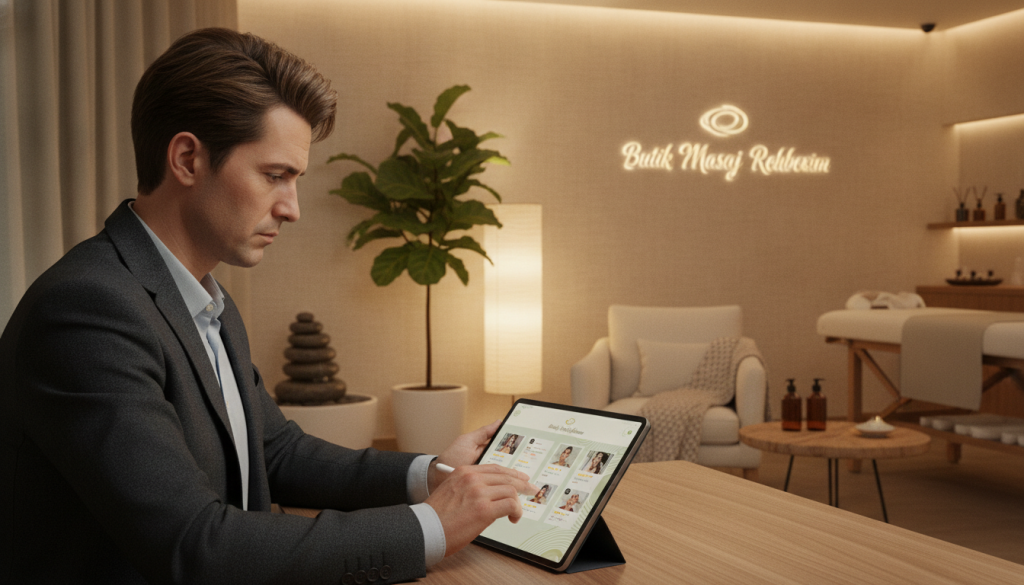 A professional massage therapist profile examination scene set in a serene spa environment. In the foreground, a focused individual reviews a tablet displaying profiles of massage therapists, dressed in smart casual attire. The middle ground features a tasteful, calming massage room with soft lighting and elegant decor, including soothing plants and intricate textures. In the background, faint silhouettes of tranquil spa elements like massage tables and essential oil displays enhance the atmosphere. Use soft, warm lighting to create a peaceful and professional mood. The image should reflect a sense of diligence and care in checking therapist profiles accurately, while subtly incorporating the brand name "Butik Masaj Rehberim" into the environment, maybe on a wall or tablet screen, ensuring it maintains a clean and sophisticated appearance.
