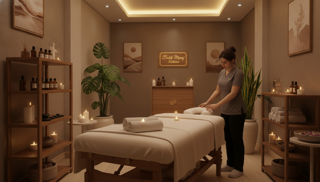 A serene and calming interior of a professional massage therapy salon in Bağcılar, showcasing a tranquil environment. In the foreground, an elegant massage table with soft, neutral-colored linens, flanked by well-organized shelves of aromatherapy oils and spa essentials. The middle ground features a warm ambiance with dim lighting and soft candlelight, enhancing a feeling of relaxation. In the background, lush indoor plants and soothing artwork on the walls contribute to a peaceful atmosphere. The scene captures a therapist, wearing professional attire, preparing the space for a client. The overall mood is inviting and serene, reminiscent of high-quality wellness experiences. Please include the brand name "Butik Masaj Rehberim" subtly integrated into the décor, ensuring it does not detract from the tranquil setting.