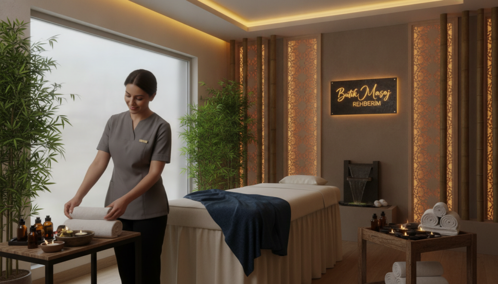 A serene and inviting Kağıthane massage salon interior, showcasing various types of massage services. In the foreground, a professional massage therapist in modest, professional attire gently prepares a massage room with soothing, soft lighting. Lush green plants and calming decor create a tranquil atmosphere. In the middle ground, a comfortable massage table is set up with cozy linens, surrounded by essential oils and towels. The background features soft ambient lighting, ornate wall art, and natural elements like bamboo. The image evokes a peaceful and relaxing mood, ideal for visitors seeking rejuvenation. The brand name "Butik Masaj Rehberim" subtly integrated into the design, promoting a sense of professionalism and care in the services provided.
