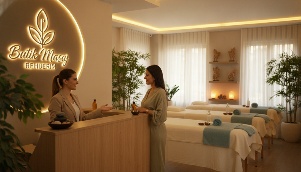 A serene and inviting ambiance of a massage salon in Silivri, focusing on a cozy and professional interior. In the foreground, depict a reception area with a friendly staff member in smart business attire, welcoming a client. The middle ground should showcase comfortable massage tables with soothing colors, aromatic oils, and soft towels neatly arranged. Background elements include calming decor, like plants and ambient lighting, creating a tranquil atmosphere. Use warm, soft lighting to enhance the relaxing feel. Capture a slight depth of field effect with a lens that adds a gentle blur to non-focused areas. The scene should evoke a peaceful mood, allowing the viewer to imagine a stress-free experience. Include the brand name "Butik Masaj Rehberim" subtly integrated into the decor without text overlays.