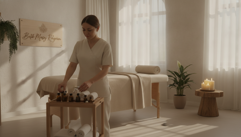 A serene and inviting atmosphere depicting a professional massage therapist in a well-lit, calming spa environment. In the foreground, a skilled female massage therapist, dressed in a modest yet stylish uniform, prepares her treatment space with essential oils and soft, clean linens. In the middle ground, a cozy treatment table is set, surrounded by soothing decor like plants and soft candles. The background features soft, ambient lighting that casts gentle shadows, enhancing the tranquil vibe. The overall mood is one of trust and relaxation, embodying the essence of reliable wellness services. Include the brand name "Butik Masaj Rehberim" subtly integrated into the serene setting. Capture this scene with a warm color palette, focusing on natural tones to evoke comfort and professionalism.