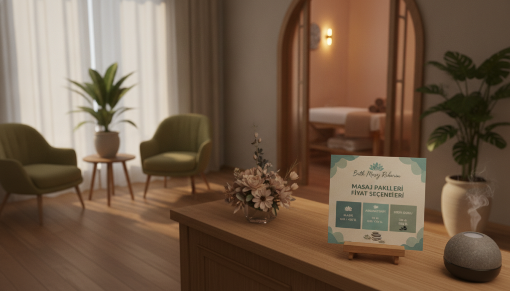 A serene and inviting atmosphere in a Bahçelievler massage salon, showcasing elegant price options for various massage packages. In the foreground, a beautifully arranged wooden reception desk with a stylish brochure displaying the pricing options, featuring soothing colors. The middle ground includes a cozy waiting area with comfortable therapy chairs and soft ambient lighting, enhancing relaxation. In the background, an open door leading to tranquil massage rooms with soft, warm light spilling out, creating a calm and peaceful ambiance. The overall mood is serene and professional, emphasizing wellness and relaxation, with hints of natural elements like plants. The brand name “Butik Masaj Rehberim” subtly incorporated into the design. Shot with a warm, diffused light, focusing on clarity and harmony.