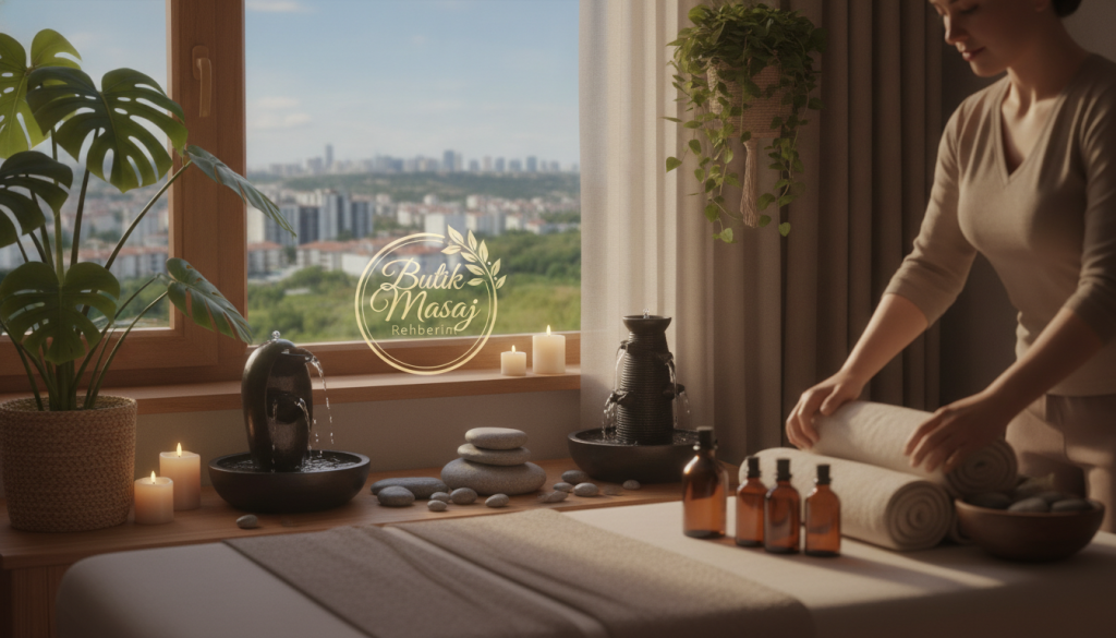A serene and inviting home massage setting, showcasing a well-lit, cozy room with soft natural light streaming in through a large window. In the foreground, a professional massage therapist dressed in modest casual attire prepares a massage table adorned with fresh towels and calming oils. In the middle, a tranquil ambiance is created by plants and peaceful decor, enhancing the sense of relaxation. In the background, subtle hints of urban life from Başakşehir can be seen through the window, blending nature with urban tranquility. The overall mood is soothing and health-focused, emphasizing the health benefits of home massage services. Include a logo for "Butik Masaj Rehberim" subtly integrated into the scene, maintaining a professional and inviting atmosphere.