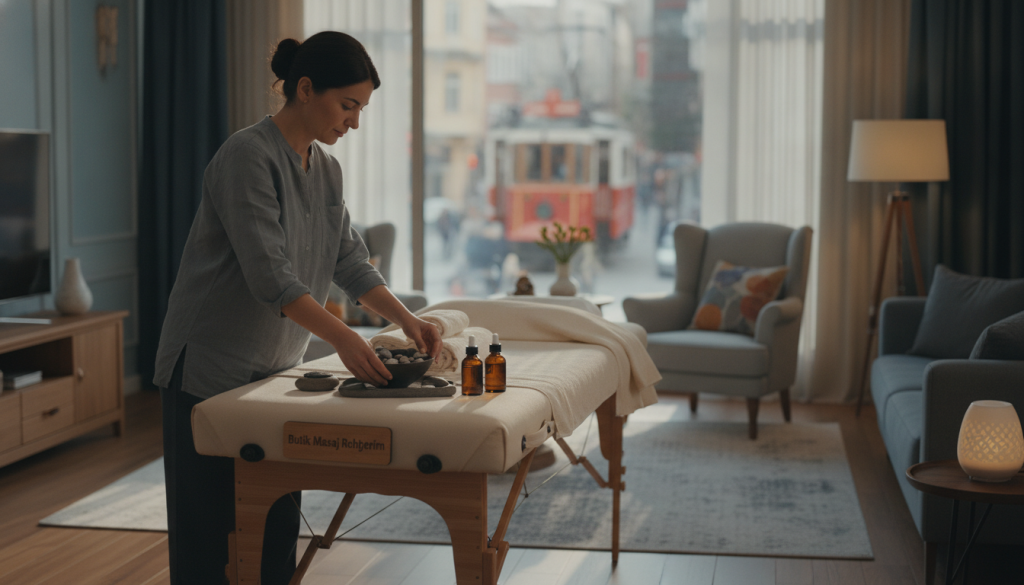 A serene and inviting home massage therapy scene set in a cozy, elegantly decorated living room in Kadıköy. In the foreground, a professional masseuse in modest casual attire is preparing a massage table, neatly arranged with soft towels and aromatic oils. The middle ground features a warm and inviting ambiance, with soft lighting casting gentle shadows, highlighting soothing colors like soft blues and earthy tones. In the background, a window reveals a glimpse of Kadıköy's bustling streets while maintaining the tranquility of the interior. The mood is calm and relaxed, suggesting a comforting atmosphere for home massage therapy. Include the brand name "Butik Masaj Rehberim" subtly integrated into the setting, such as on the massage table or a decorative item.