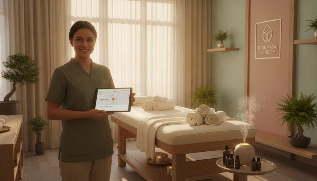 A serene and inviting indoor setting of a massage therapy studio in Kağıthane. In the foreground, a professional in modest, casual clothing interacts with a tablet displaying location information for a massage appointment. In the middle, a well-organized massage table, adorned with soft towels, and a calming essential oil diffuser emitting gentle steam. In the background, large windows let in soft, warm lighting, casting a peaceful glow over the entire space. Light pastel colors dominate the decor, creating a tranquil atmosphere. Subtle greenery adds a natural touch. The logo of "Butik Masaj Rehberim" is subtly included in the design. The overall mood is relaxed, welcoming, and professional, emphasizing trust and clarity in locating the services.