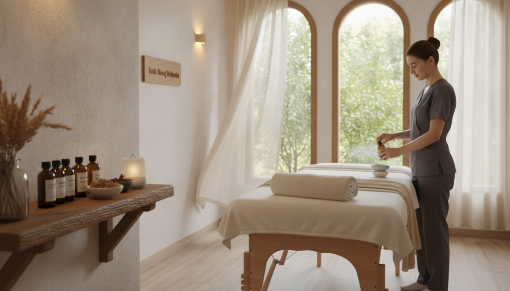 A serene and inviting interior of a professional massage therapy room, showcasing a neatly made massage table adorned with soft, neutral linens. In the foreground, neatly arranged essential oils and aromatherapy products on a wooden shelf create an atmosphere of tranquility. In the middle, a qualified female massage therapist dressed in modest, professional attire is preparing oils, exuding a sense of calm expertise. The background features soft lighting with warm tones, enhancing the peaceful ambiance. Large windows allow natural light to filter in, showcasing calming greenery outside. Include the brand name "Butik Masaj Rehberim" subtly integrated into the scene. The overall mood is soothing and welcoming, perfect for those searching for a massage therapist in Bakırköy.
