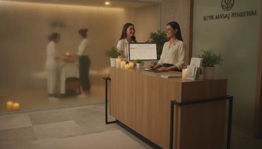 A serene and inviting interior of a spa reception area in Bakırköy, showcasing a warm and welcoming atmosphere. In the foreground, a professional-looking receptionist in smart casual attire is engaging with a client, both smiling as they discuss appointment scheduling. The middle ground features a stylish, well-decorated desk with a computer displaying a booking interface, essential spa brochures, and tranquil decor elements like candles and soothing plants. The background reveals softly lit spa treatment rooms through frosted glass, enhancing the sense of relaxation. The lighting is soft and warm, creating an inviting glow. This scene embodies the professionalism and calming essence of the "Butik Masaj Rehberim" spa experience, perfect for illustrating the appointment process.