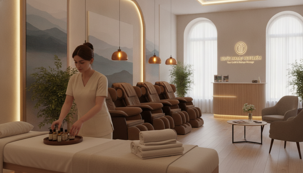 A serene and inviting massage parlor interior in Sarıyer, showcasing various areas for relaxation and services. In the foreground, a professionally dressed massage therapist prepares a treatment room with calming essential oils and soft towels. The middle ground features plush massage chairs and ambient lighting, with warm shades illuminating the room. Decorative elements like plants and soothing artwork enhance the tranquil atmosphere. In the background, a tasteful reception area displays brochures and information about services offered by "Butik Masaj Rehberim", emphasizing a welcoming vibe. Soft sunlight filters through large windows, creating a peaceful and rejuvenating environment. The image should evoke feelings of relaxation and comfort, perfect for choosing a massage salon.