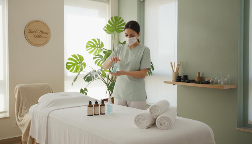 A serene and inviting massage therapy room, showcasing high hygiene standards. In the foreground, a clean massage table with pristine linens is delicately arranged with essential oils and soft towels. The middle ground features a professional massage therapist, dressed in modest casual clothing, preparing for a treatment. They demonstrate proper sanitation practices, like using hand sanitizer. In the background, bright, natural light filters through large windows, illuminating a fresh and calming color palette of soft greens and whites. Decorative plants enhance the tranquil atmosphere, and a shelf displays neatly organized, hygienic massage tools. The brand logo "Butik Masaj Rehberim" is subtly integrated into the decor. The overall mood is peaceful and professional, emphasizing safety and cleanliness.