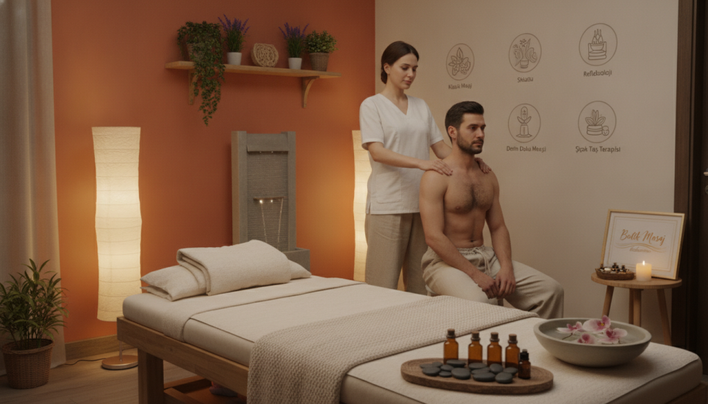 A serene and inviting massage therapy room showcasing various massage types offered in Maltepe. In the foreground, a cozy massage table draped with soft, neutral-toned linens, surrounded by essential oils and soothing stones. In the middle ground, a professional masöz in modest, casual clothing is demonstrating a gentle massage technique on a fully clothed client, emphasizing relaxation and wellness. The background features warm, calming colors and soft, diffused lighting provided by elegantly designed lamps and candles, creating a tranquil atmosphere. Incorporate elements like aromatic plants and a calming water fountain to enhance the serene environment. This image should embody the essence of relaxation and well-being, branded subtly with "Butik Masaj Rehberim" visible in the decor. The overall mood is peaceful and inviting, ideal for showcasing the benefits of various massage therapies.