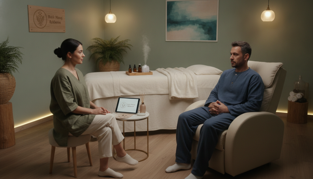 A serene and inviting massage therapy room, softly lit with warm, ambient lighting that casts gentle shadows. In the foreground, a professional-looking therapist dressed in modest, professional attire is engaged in conversation with a client seated on a comfortable massage chair. Their expressions convey mutual respect and professionalism, highlighting the importance of communication. The middle ground features a neatly arranged massage table with soft linens, essential oils, and calming decorations like plants and soothing artwork. The background displays tranquil colors, creating a peaceful atmosphere. The overall mood is calming and denotes trust, emphasizing the value of effective communication in the massage therapy selection process. Include a subtle branding element of "Butik Masaj Rehberim" integrated into the room's decor, enhancing the professional setting.
