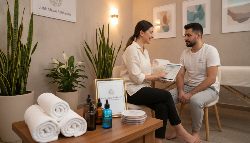A serene and inviting massage therapy setting in Bakırköy, showcasing the criteria for choosing a massage appointment. In the foreground, a neatly arranged table with soft towels, essential oils, and a selection of relaxation music. In the middle ground, a calm and professional massage therapist in modest casual attire, consulting with a client about their preferences and needs. The background features subtle, warm lighting that enhances the peaceful atmosphere, with potted plants and soothing artwork on the walls. The composition captures the essence of professionalism and tranquility, ideal for an article on massage therapist profiles. The brand "Butik Masaj Rehberim" is subtly represented in the decor, enhancing the credibility of the setting.