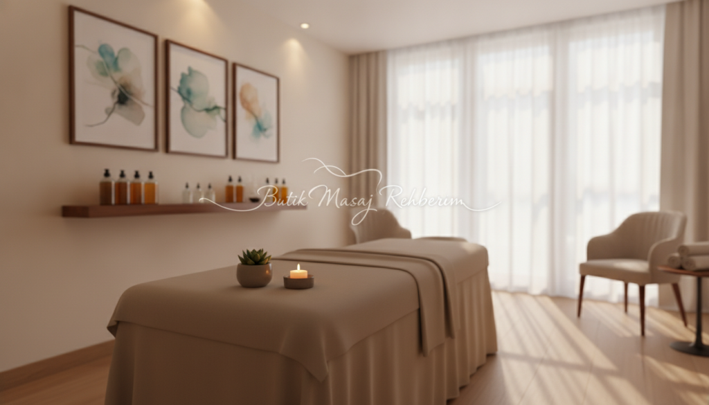 A serene and inviting room designed for massage therapy, highlighting the comfort and tranquility of Tuzla's professional services. In the foreground, a neatly arranged massage table with soft beige linens, a flickering candle, and a small potted plant to create a calming atmosphere. The middle ground features a softly illuminated space with warm lighting, showcasing various massage oil bottles on a sleek wooden shelf and relaxing artwork on the walls. In the background, large windows allowing natural light to filter through sheer curtains, enhancing the peaceful ambiance. The mood is soothing and professional, perfect for a wellness environment. The branding "Butik Masaj Rehberim" subtly integrated into the space, evoking trust and elegance without overt text. Use a soft-focus lens effect to emphasize tranquility and warmth.