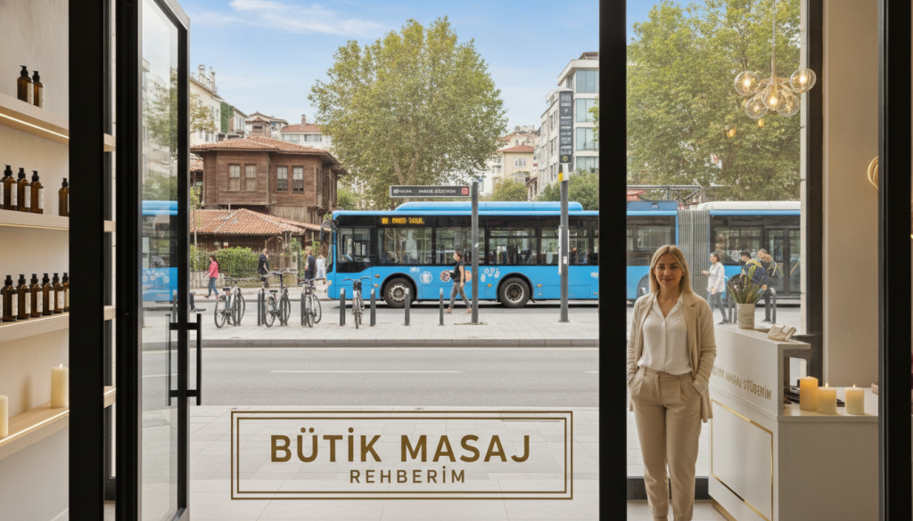 A serene and inviting scene depicting alternative transportation options in Pendik, featuring a well-dressed, professional masseuse in modest casual attire. In the foreground, show a clean, well-maintained massage studio with soft lighting, aromatic candles, and massage oils, invoking a calm atmosphere. In the middle ground, include various transportation options like a modern bus, bicycle rental station, and a tram stop, all set against a leafy street backdrop, hinting at the accessibility of the location. The background should display charming Pendik architecture, blending traditional and contemporary styles under a clear blue sky. The overall mood is peaceful and professional, showcasing the ease of accessing massage services through Butik Masaj Rehberim.