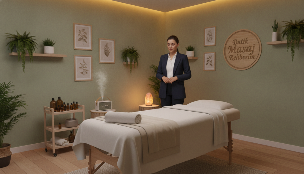A serene and inviting scene inside a professional massage therapy room in Beylikdüzü, showcasing a clean and well-organized space. In the foreground, a comfortable massage table draped in soft linens, surrounded by calming essentials like aromatic oils and relaxing music equipment. In the middle, a certified masseuse dressed in professional business attire, demonstrating an attentive posture while preparing for a massage session. The background features soft, ambient lighting, enhancing a tranquil atmosphere with softly colored walls and plants for a touch of nature. A logo for "Butik Masaj Rehberim" subtly integrated into the decor. The overall mood is peaceful and professional, emphasizing wellness and relaxation.
