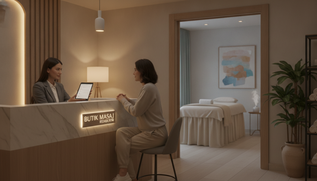 A serene and inviting spa environment designed for massage therapy consultations in Beşiktaş, featuring a well-organized reception area with soft ambient lighting. In the foreground, a professional-looking person in business attire is seated at a stylish desk, reviewing a checklist of essential pre-appointment questions with a modern, minimalistic design. The middle ground showcases a calming massage room with neutral colors, plush furnishings, and relaxing artwork. The background includes soft-focus elements like plants and soothing decor, enhancing the tranquil atmosphere. The overall mood is peaceful and professional, suitable for conveying a sense of trust and comfort for clients. Include the brand name "Butik Masaj Rehberim" discreetly integrated into the scene, ensuring there are no text overlays or captions.