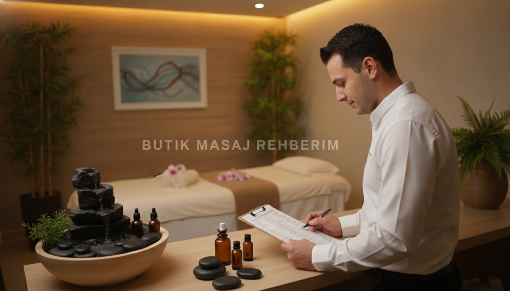 A serene and inviting spa environment featuring a professional massage therapist conducting a profile evaluation in a luxurious setting. In the foreground, showcase a well-dressed therapist, wearing a crisp white shirt and black trousers, reviewing a detailed profile sheet. In the middle ground, include massage oils, stones, and a calming water feature, enhancing the relaxing atmosphere. The background should be softly lit with warm tones, incorporating plants and ambient lighting to evoke tranquility. Use a soft focus lens at a slightly elevated angle, creating a soothing mood. The branding "Butik Masaj Rehberim" should be subtly integrated into the decor without being overt. The overall image radiates professionalism and a sense of care in the massage therapy field.