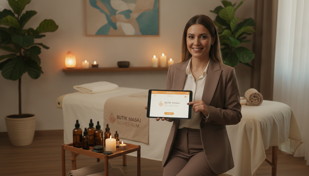 A serene and inviting spa setting featuring a professional mobile massage service, represented by Butik Masaj Rehberim. In the foreground, a well-dressed, approachable massage therapist in business attire smiles while holding a tablet, indicating a booking system for appointments. The middle ground showcases a cozy room with soft, ambient lighting, a massage table, and essential oils elegantly arranged. In the background, calming elements such as plants, candles, and soothing artwork contribute to a tranquil atmosphere. The scene conveys professionalism and relaxation, inviting viewers to consider service conditions in a warm, welcoming manner. The overall mood is one of calmness and professionalism, perfect for those seeking information about mobile massage services.