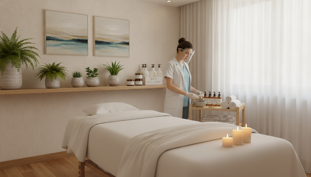 A serene and inviting spa treatment room showcasing high hygiene standards, emphasizing cleanliness and comfort. In the foreground, a neatly arranged massage table with fresh, white linens and fragrant candles casting soft, warm light. The middle ground features a professional massage therapist in modest, professional attire, preparing essential oils and towels. The background displays tasteful decor with potted plants, calming art, and shelves stocked with spa products, all bathed in gentle, diffused lighting to create a tranquil atmosphere. The overall mood is peaceful and rejuvenating, reflecting the high service and comfort standards that one would expect from "Butik Masaj Rehberim."