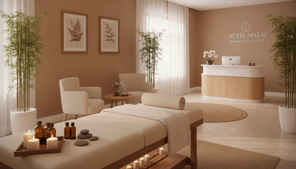 A serene and inviting space showcasing a professional massage therapy setting. In the foreground, a neatly arranged massage table with soft, neutral-colored linens, surrounded by calming essential oils and aromatic candles. The middle of the image captures a warm, well-lit environment with bamboo plants and soothing artwork on the walls, creating a tranquil atmosphere. In the background, an elegantly designed reception area with comfortable seating and a welcoming desk. Soft, diffused lighting enhances the peaceful mood, with a slight focus on natural light filtering through sheer curtains. The scene embodies professionalism and relaxation, ideal for promoting communication methods for "Butik Masaj Rehberim" in Sancaktepe. The overall ambiance is calming and inviting, perfect for attracting clients seeking massage services.