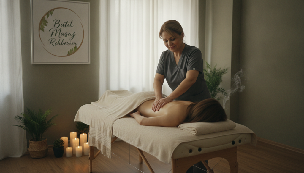 A serene and inviting therapeutic massage setting in Gaziosmanpaşa, showcasing a skilled therapist performing a massage on a client. The foreground features the therapist, a middle-aged woman in professional attire, focused on her technique, emanating warmth and care. The middle ground displays a calming massage table adorned with soft towels, surrounded by soothing aromatherapy candles and plants, contributing to a relaxing atmosphere. In the background, soft light filters through sheer curtains, casting gentle shadows that enhance the peaceful environment. The overall mood is tranquil and restorative, evoking the benefits of various massage types. The brand name "Butik Masaj Rehberim" subtly integrated into a design element within the scene, emphasizing professionalism and trust in therapeutic practices.
