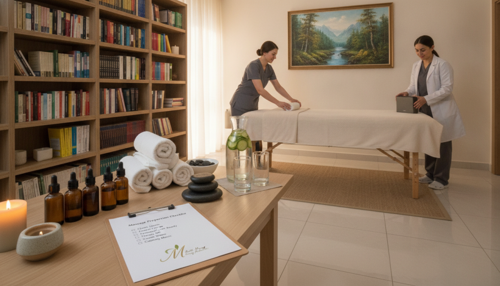A serene and organized setting representing a "Massage Preparation Checklist" for a massage therapy session. In the foreground, a wooden table displays various essential items like essential oils, towels, and a checklist on a clipboard. The middle layer features a calming ambiance with soft, diffused lighting creating a tranquil environment. In the background, shelves lined with neatly arranged massage therapy books and a peaceful artwork of nature, evoking relaxation. The overall mood conveys professionalism and calm, ideal for a massage therapy session. The brand name "Butik Masaj Rehberim" is subtly represented through visuals of an elegant logo on the clipboard. Ensure that human figures are depicted in professional attire, preparing the setting in a courteous manner. No text overlays or watermarks.