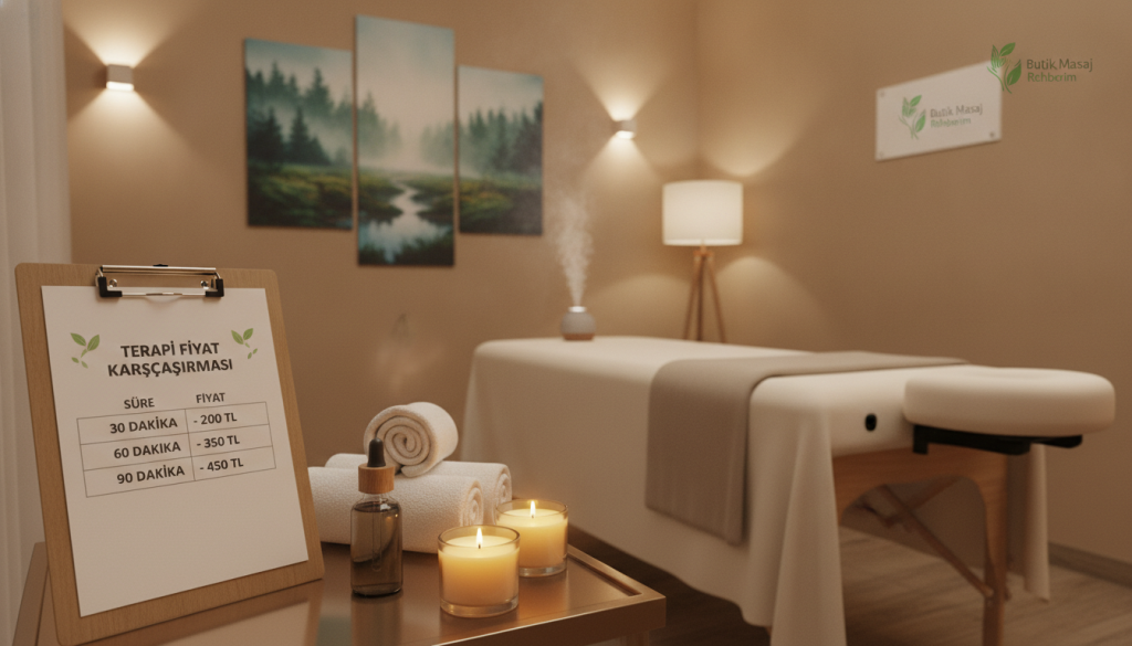 A serene and peaceful massage therapy setting in Esenyurt, featuring a professional massage table surrounded by soothing elements such as soft towels, essential oils, and calming aromatherapy candles. In the foreground, a clipboard illustrates a comparison chart of therapy prices and duration options, designed with clean graphics for clarity. The middle ground showcases a warm, inviting room decorated in neutral tones with gentle lighting, casting a relaxing glow. In the background, there is a wall adorned with serene nature artwork, enhancing the tranquil atmosphere. All elements should reflect professionalism, as this is an establishment under the brand "Butik Masaj Rehberim." The composition should evoke a sense of calm and trustworthiness, perfect for guiding potential clients in understanding pricing structures.