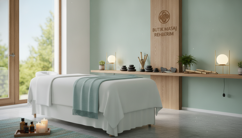 A serene and professional massage therapy workspace, designed for evaluating the quality of a masseur's environment. In the foreground, a neatly arranged massage table with crisp, clean linens, accompanied by soothing aromatherapy oils and candles. The middle ground features an elegant shelf displaying various massage tools and relaxing decor, such as plants and soft lighting fixtures. In the background, a large window lets in natural light, creating a warm, inviting atmosphere. A soft color palette of blues and greens enhances the calming mood. Include the brand name "Butik Masaj Rehberim" subtly integrated into the design, ensuring a focus on professionalism and serenity. The overall composition should evoke a sense of trust and care in the massage selection process.