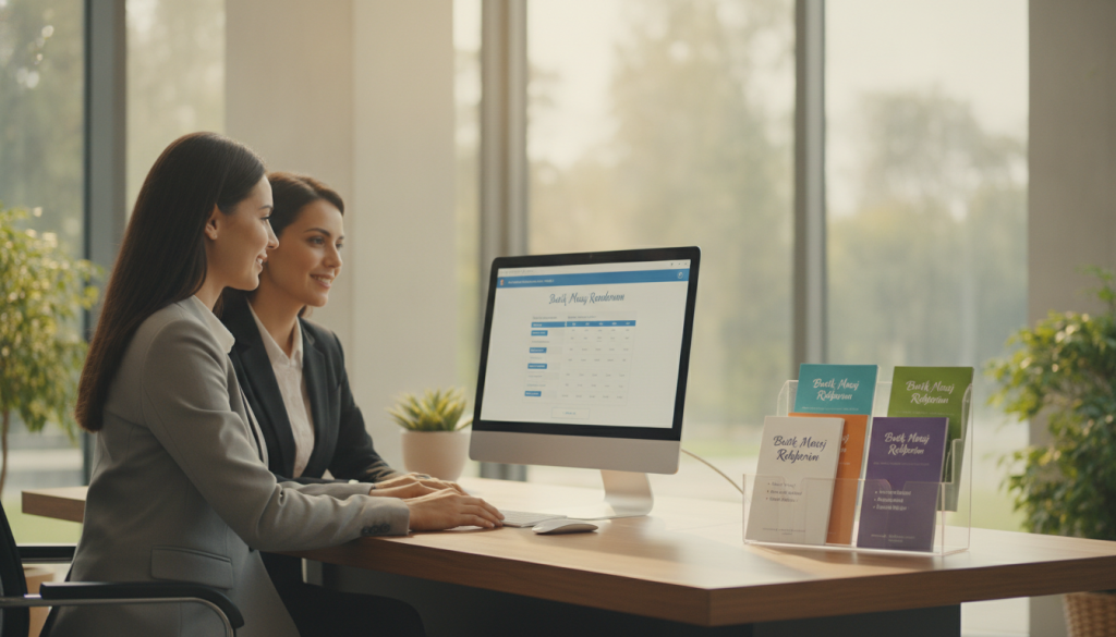 A serene and professional scene depicting a massage appointment scheduling system set in a stylish, modern office environment. In the foreground, a friendly receptionist wearing business attire engages with a client over a sleek computer, showcasing an intuitive interface for booking appointments. The middle ground features an organized display of colorful brochures titled "Butik Masaj Rehberim" that detail various massage services and contact methods. In the background, soft natural light filters through large windows, casting a warm glow, with greenery visible outside, enhancing the relaxed atmosphere. The overall mood is inviting and professional, highlighting the ease of communication and booking for massage services.