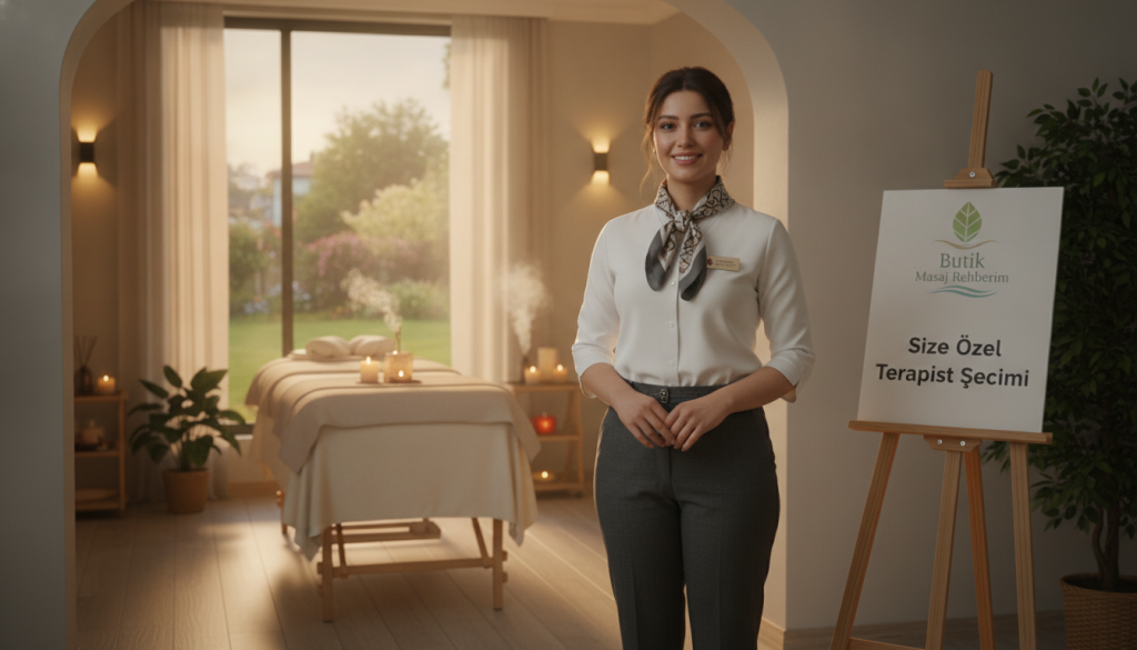 A serene and professional setting showcasing a massage therapist selection process in Maltepe. In the foreground, a well-dressed female massage therapist, wearing a smart, modest uniform, stands confidently with a welcoming smile, ready to assist clients. In the middle ground, a calming massage room is arranged with soft lighting, aromatic candles, and soothing decor, creating a tranquil atmosphere. The background features lush greenery visible through a large window, enhancing the feeling of relaxation. The scene is illuminated by warm, natural light, emphasizing a peaceful and inviting mood. The overall composition reflects a sense of professionalism and care inherent to the "Butik Masaj Rehberim" brand, capturing the essence of careful selection during a client’s journey in finding the right massage therapist.