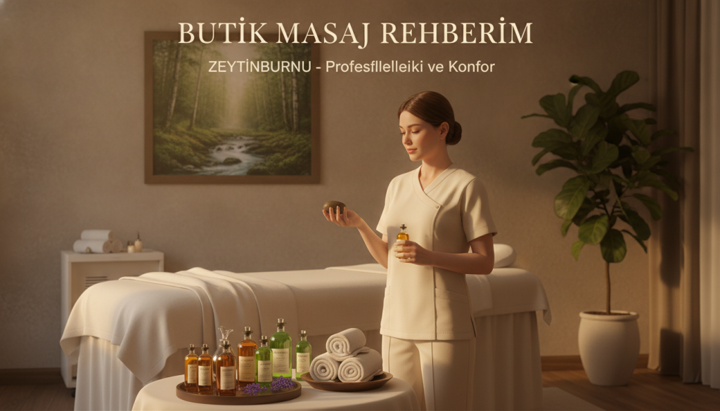 A serene and professional spa environment, featuring a skilled massage therapist preparing for a session. In the foreground, a well-groomed therapist in professional attire, with a calm and focused expression, holds essential massage tools, surrounded by neatly arranged aromatherapy oils and soft towels. The middle ground showcases a cozy treatment room with a comfortable massage table draped in fresh linens. Soft, warm lighting creates a relaxing atmosphere, casting gentle shadows that enhance the soothing vibe. The background features calming decor, such as plants and artwork depicting nature scenes, contributing to a tranquil setting. This image embodies the essence of "Butik Masaj Rehberim" and highlights the key selection criteria for choosing a professional massage therapist in Zeytinburnu, emphasizing professionalism and comfort.