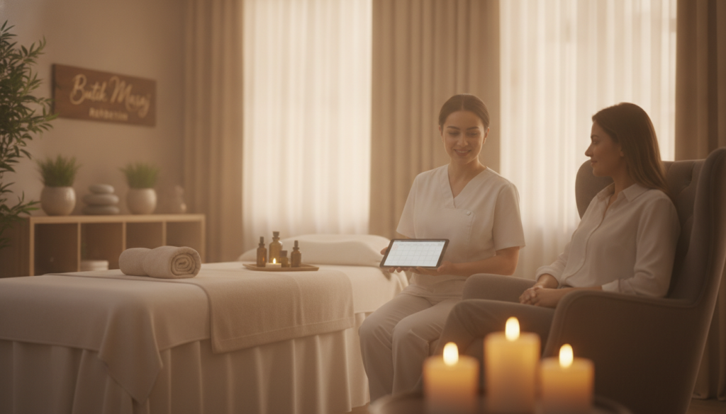 A serene and professional spa environment in Sultanbeyli, featuring an inviting massage therapy room. In the foreground, a skilled therapist in modest, professional attire is seen discussing appointment details with a client, who looks relaxed and engaged. The middle section showcases a cozy massage table elegantly set up with soft linens and essential oils, with calming candles flickering nearby. In the background, gentle lighting filters through sheer curtains, creating a warm and tranquil atmosphere. The overall mood is peaceful and soothing, reflecting a sense of relaxation and professionalism. Include the brand name "Butik Masaj Rehberim" subtly integrated into the spa decor. Use a soft focus lens effect to enhance the calm ambiance, emphasizing warmth and comfort throughout the scene.