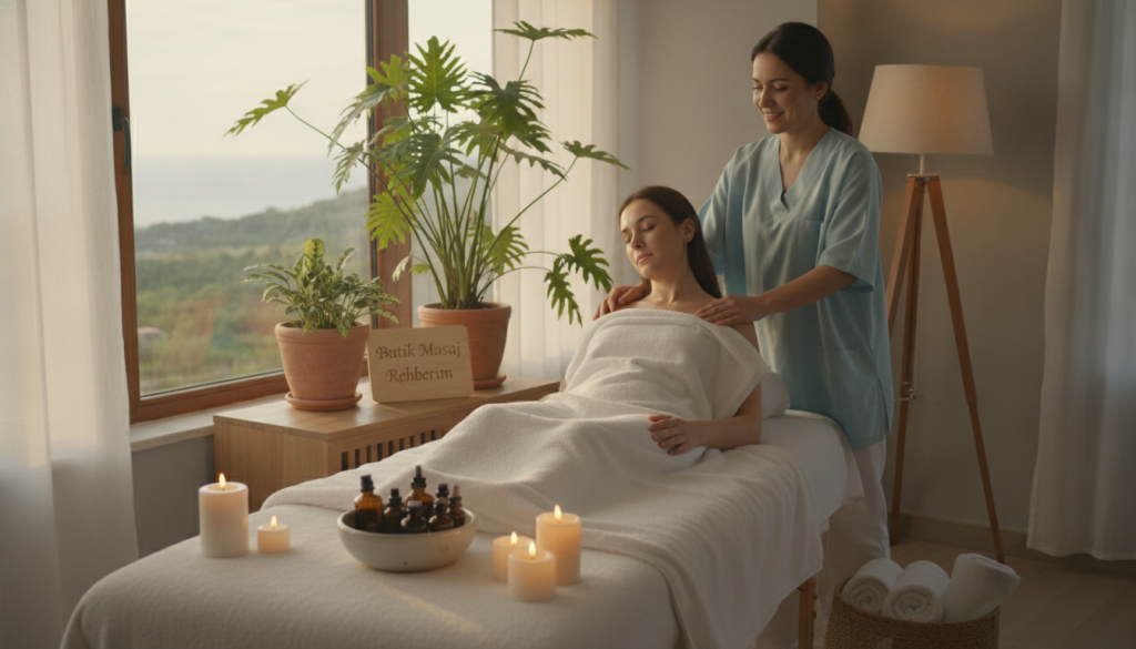 A serene home massage setup in Şile, showcasing a cozy, well-lit living room with soft, neutral colors. In the foreground, a massage table is neatly arranged with plush towels, essential oils, and candles, creating an inviting atmosphere. The middle ground features a professional massage therapist in modest, professional attire, demonstrating relaxation techniques on a client comfortably draped in a towel. In the background, there are plants and soft lighting that enhance the tranquil mood of the space. The scene captures the essence of comfort and well-being, highlighting the importance of local accessibility for massage services. Ideal ambiance with soft, warm lighting that conveys peace and tranquility. Include the brand name "Butik Masaj Rehberim" subtly within the environment, reinforcing the focus on quality massage experiences.