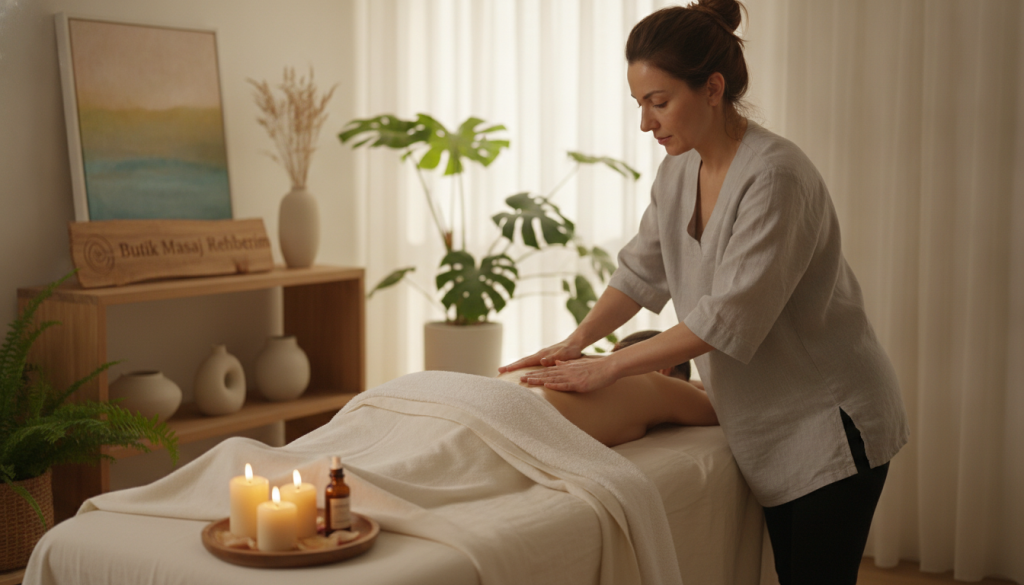 A serene home massage therapy scene depicting a professional therapist in modest, casual attire, ready to provide a soothing massage service. In the foreground, a neatly arranged massage table with soft, clean linens and aromatic candles creates a relaxing atmosphere. The middle ground features a therapist gently applying oils onto a client's back, ensuring their position is discreet and respectful. The background features soft lighting, with warm colors emanating from tasteful decor and indoor plants, enhancing the tranquil ambiance. The overall mood is peaceful and inviting, reflecting the themes of relaxation and wellness. The brand name "Butik Masaj Rehberim" subtly integrated in the decor. The angle captures the warmth and professionalism of in-home massage therapy in Beşiktaş.