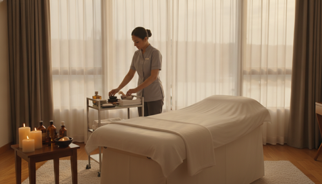 A serene hotel room in Beşiktaş is depicted, showcasing a professional massage setup for client relaxation. In the foreground, a neatly arranged massage table adorned with soft, white linens is ready for an appointment, alongside soothing candles and aromatic oils on a side table. In the middle ground, a calm, professional-looking individual, dressed in a crisp uniform, is organizing their tools and preparing for the session. The background reveals a softly lit window with sheer curtains, allowing warm, natural light to fill the space, creating an inviting atmosphere. The overall mood is tranquil and reassuring, capturing the essence of booking a massage appointment with "Butik Masaj Rehberim." The image should be clean and polished, reflecting professionalism and comfort without any distracting elements or text.